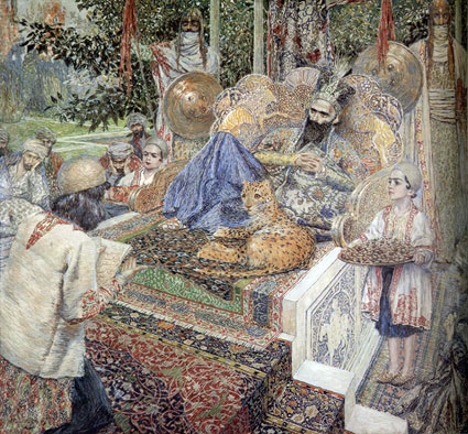 Ferdowsi reads the Shahnameh to king Mahmud of Ghazni.