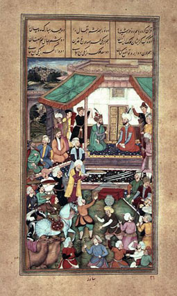Shah Tahmasp greets the exiled Humayun.